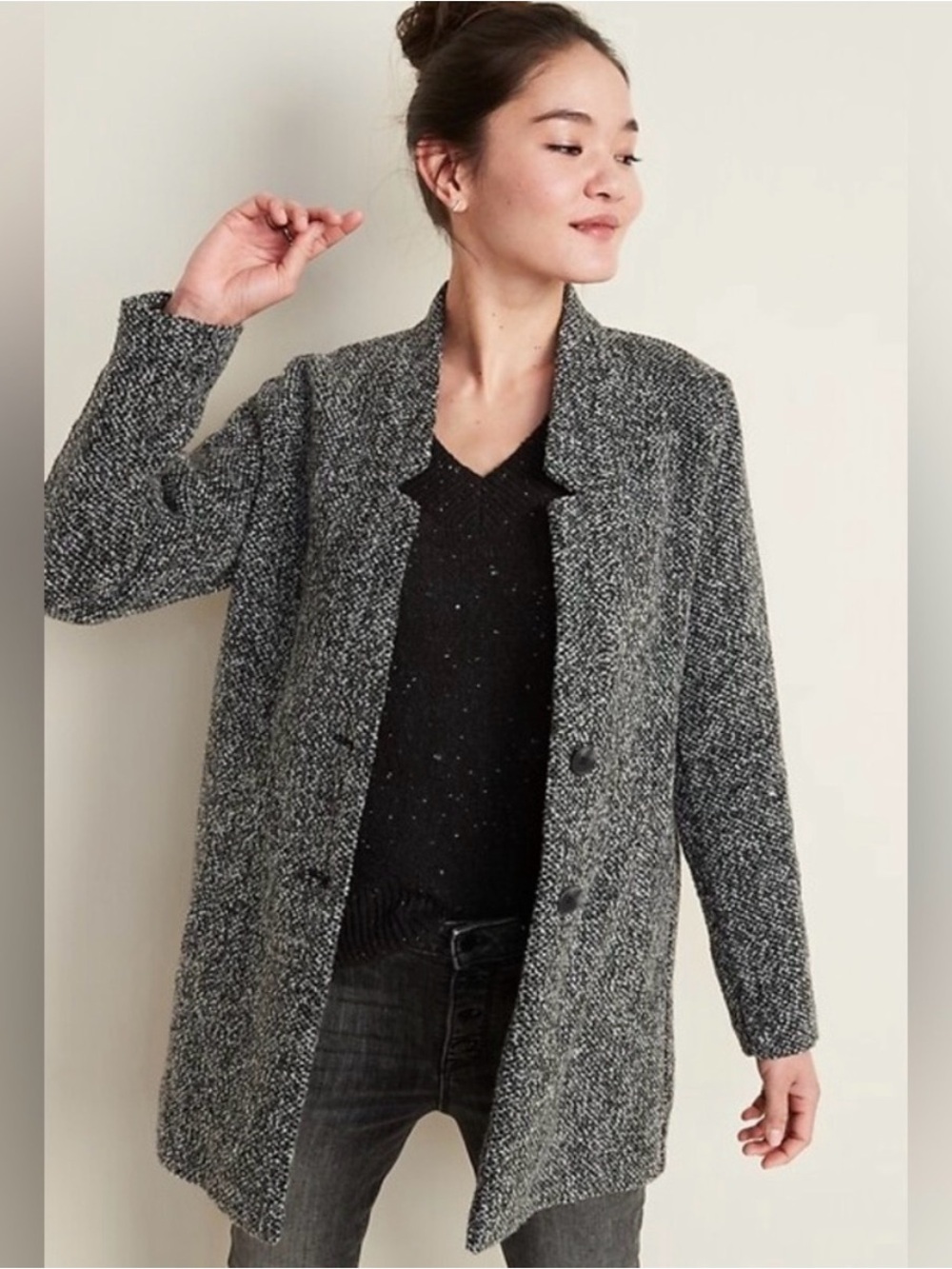 EUC - Old Navy Women's XS Grey Speckled BouclΓ© Tweed Car Pea Coat Jacket